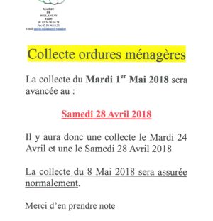 Collecte des ordures ménagères 1er mai 2018
