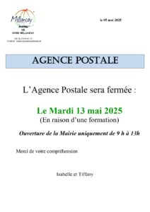 AGENCE POSTALE FERMEE LE MARDI 13 MAI