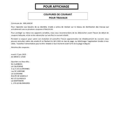 COUPURE DE COURANT MARDI 17 JUIN