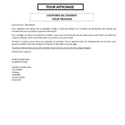 COUPURES DE COURANT MARDI 22 JUILLET