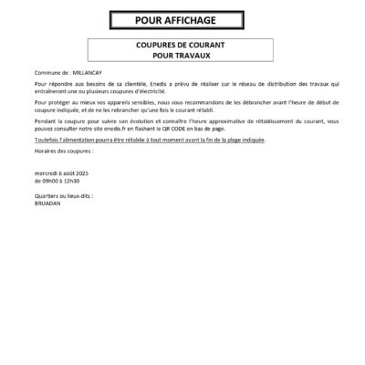 Coupure d’électricité programmée le 06/08/2025