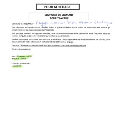 COUPURE DE COURANT 25 NOVEMBRE LA CARELLE