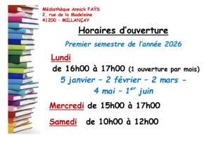 HORAIRES D'OUVERTURE MEDIATEQUE 2026