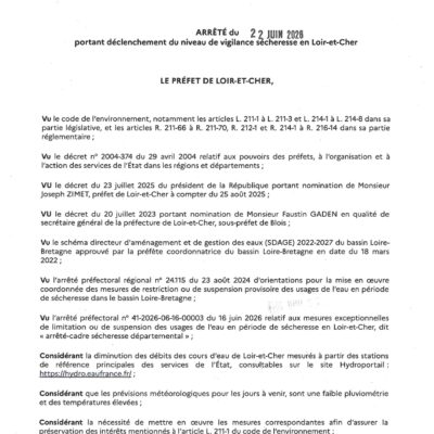 Bulletin situation hydrologique semaine 26 + Arrêté Vigilance Sécheresse
