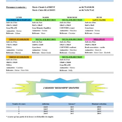 Planning gymnastique volontaire Sologne des Etangs