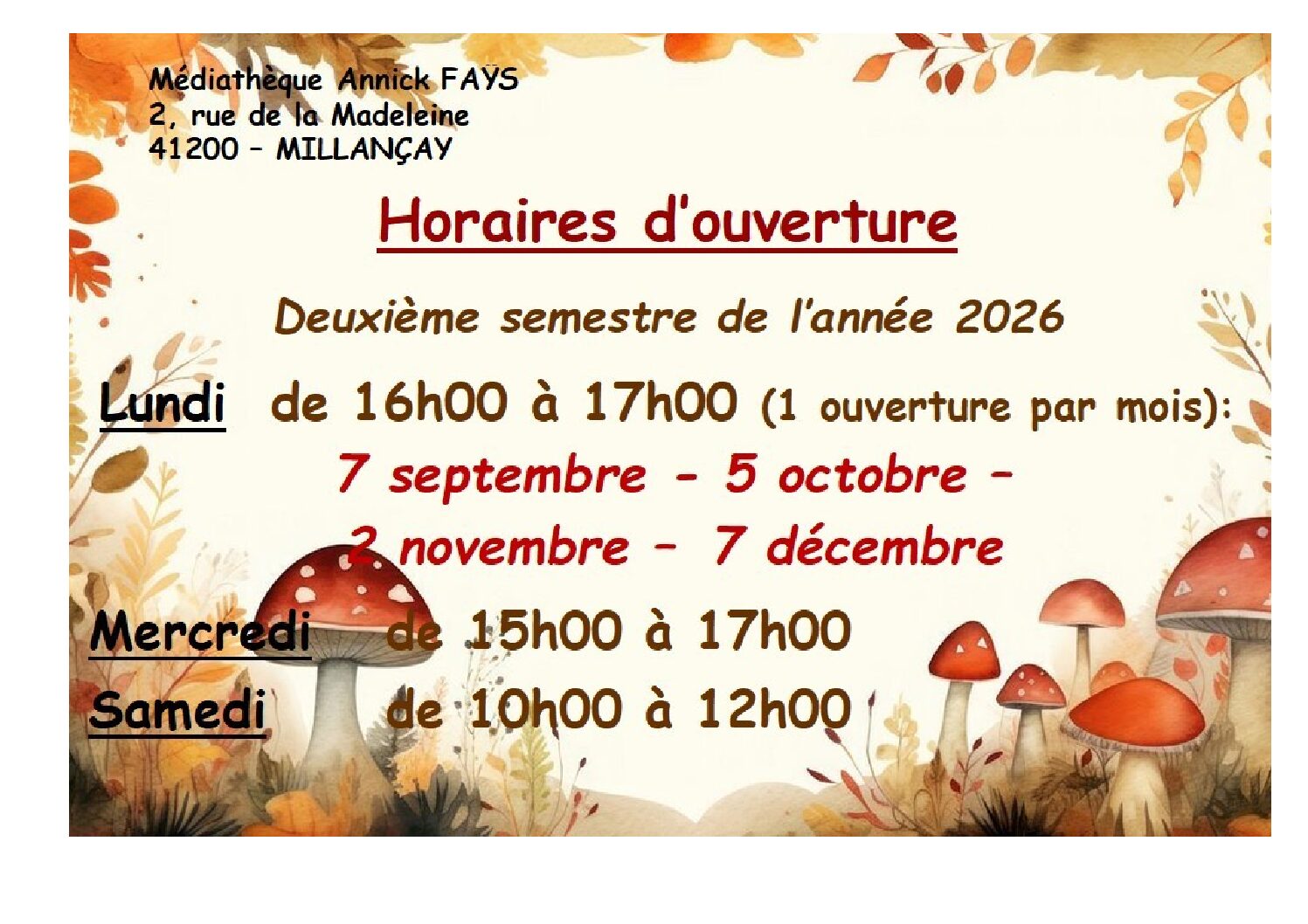 Horaires Bibliothèque